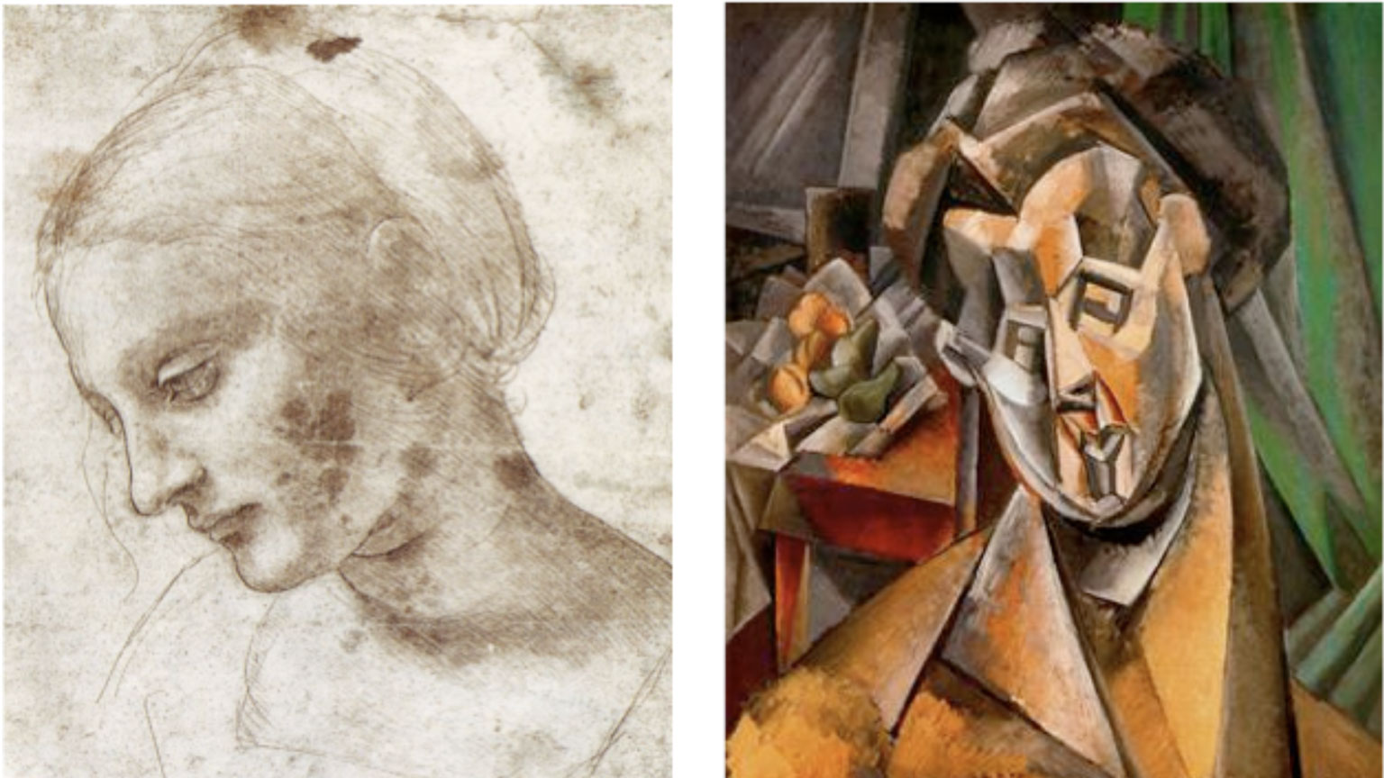 Two pieces of art portray the same face of a woman, one using realist style, and the other using abstract geometric style. 