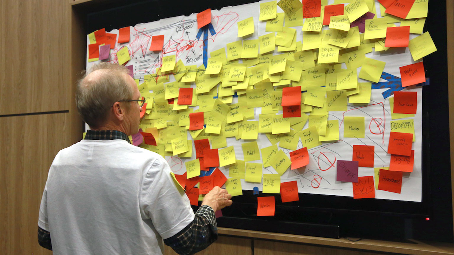 A professor scans over a wall papered with concepts on sticky notes - the result of a class in the Design Bloc course on Design Thinking